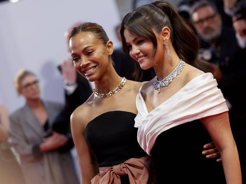 Zoe Saldana and Selena Gomez at the premiere of Emilia Perez at the Cannes film festival. (AP PHOTO)